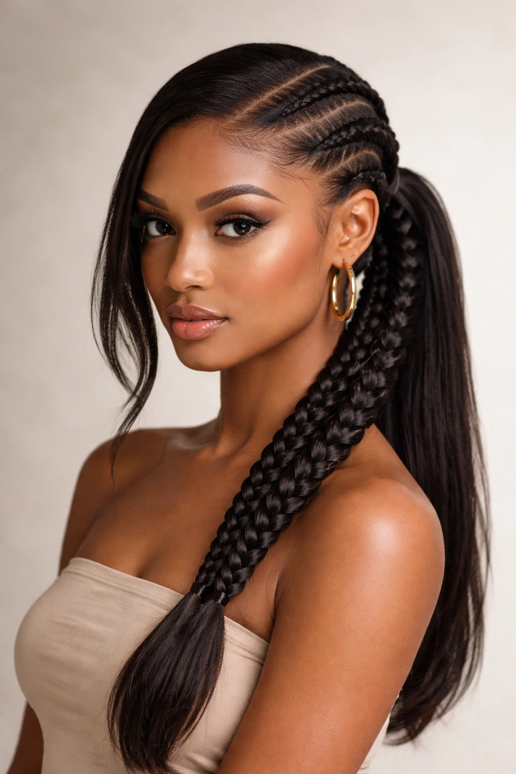 Asymmetrical three-braid ponytail with side part