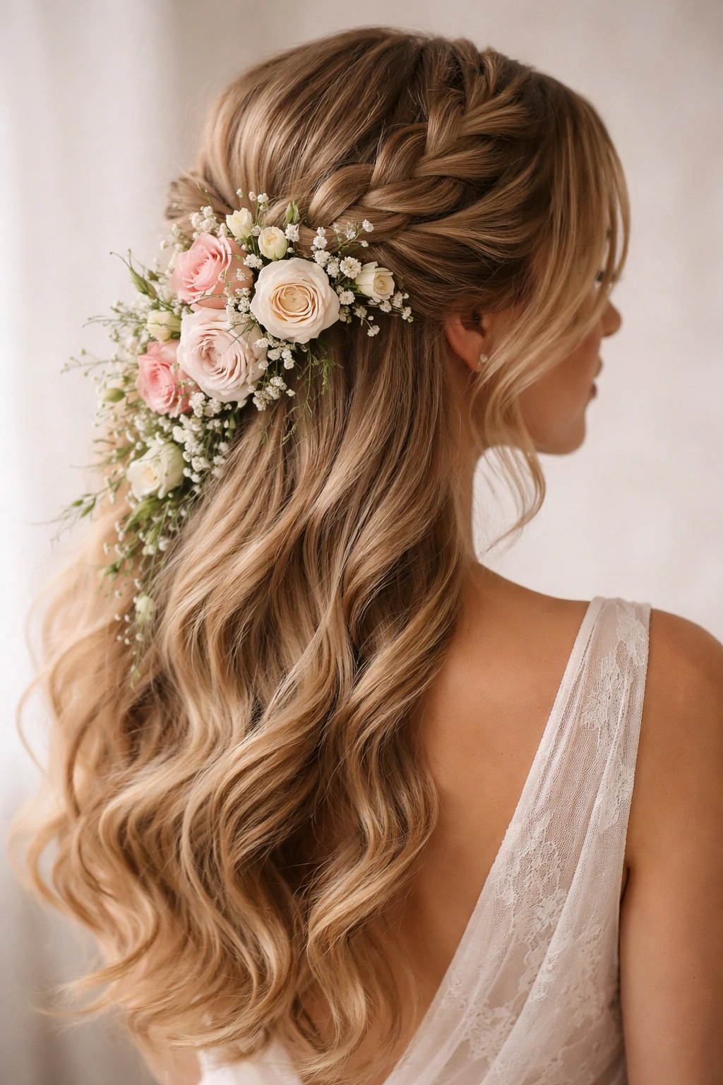 Off-center Dutch braid with sculptural floral arrangement cascading to the shoulder