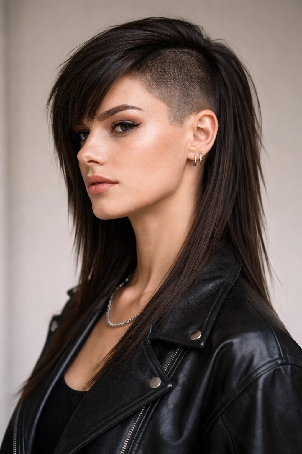 Portrait of a straight-haired model with a dramatic asymmetrical mullet showing different side lengths