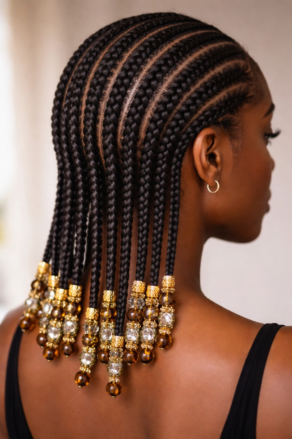 Close-up of straight-back cornrows with beaded ends on several braids