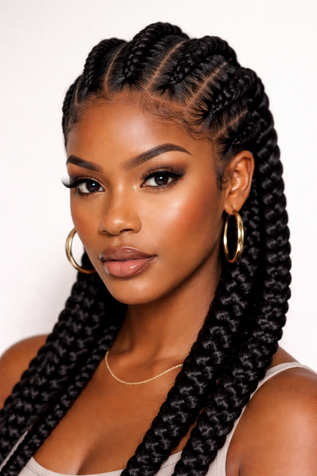 Head-on view of bold thick cornrows running straight back