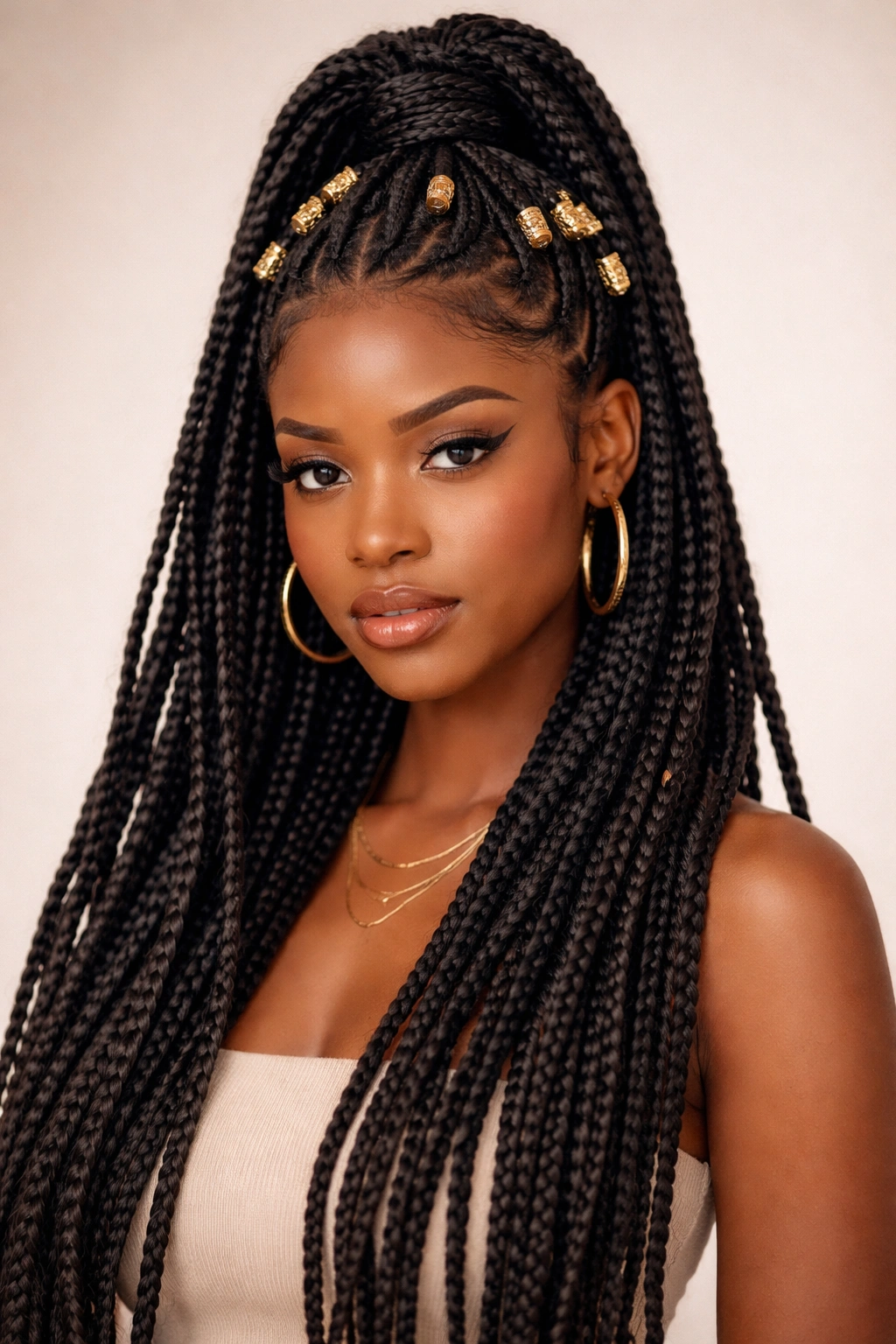Box braids half-up with gold beads and flowing bottom braids