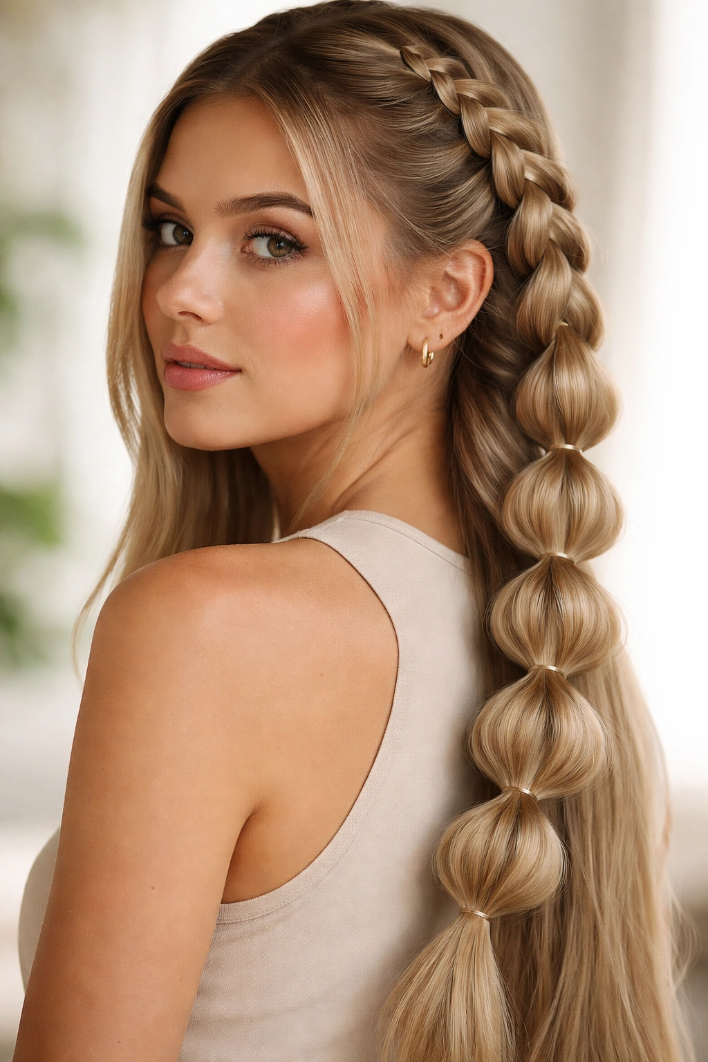 Bubble braids with puffed sections along straight hair
