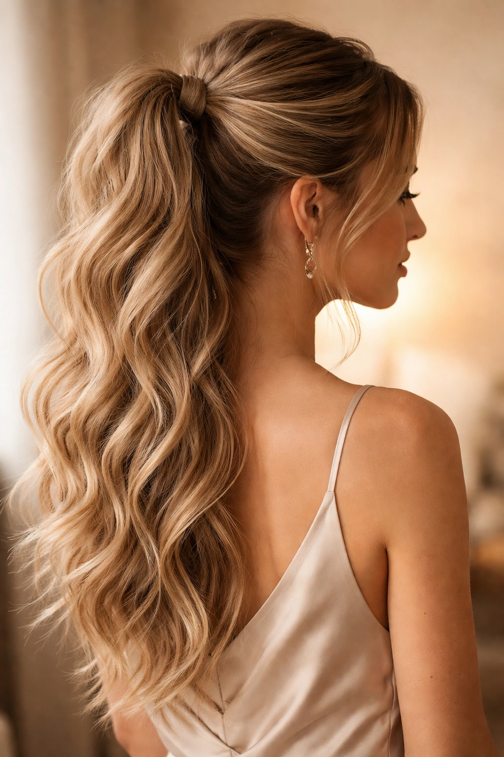 Half-up ponytail with cascading waves and romantic texture
