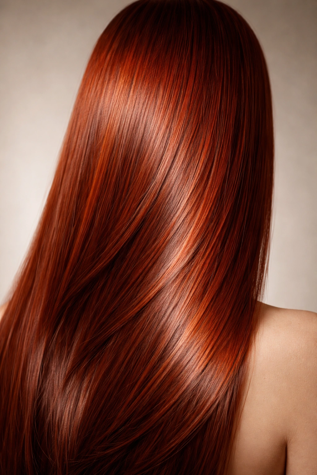 Close-up of straight copper-red hair with glossy finish and color shift.