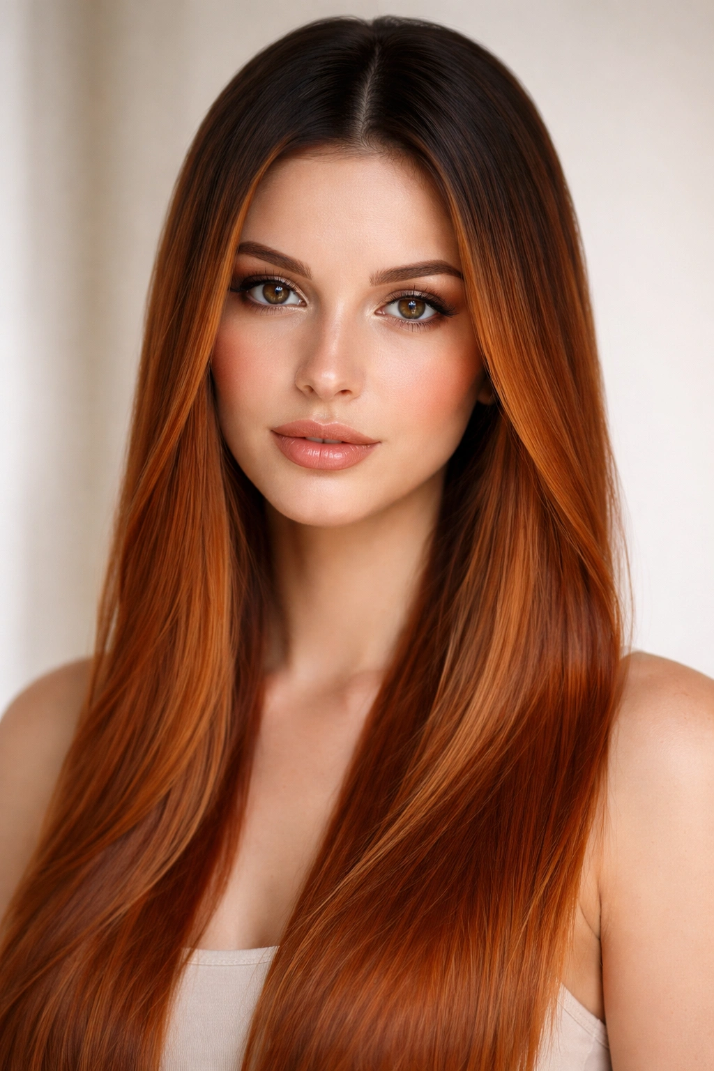 Copper hair with darker roots showing distinct shadow root on straight hair.