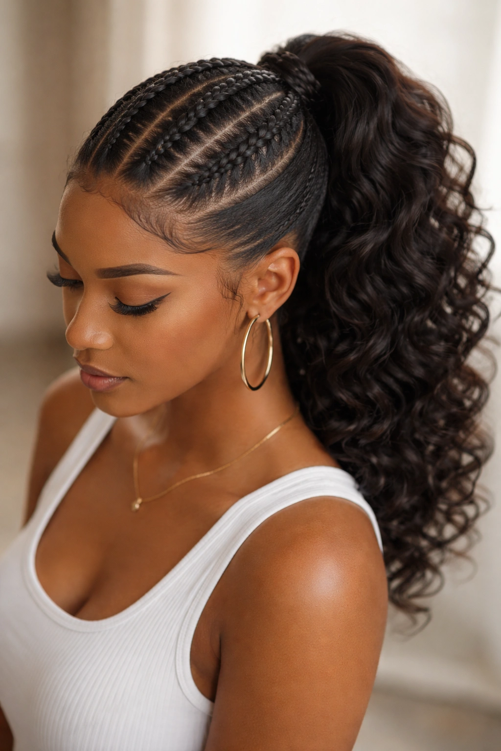 Three cornrows into a curly ponytail