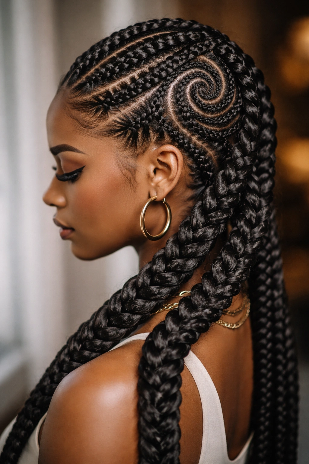 Intricate double-braided and spiral knotless cornrows pattern