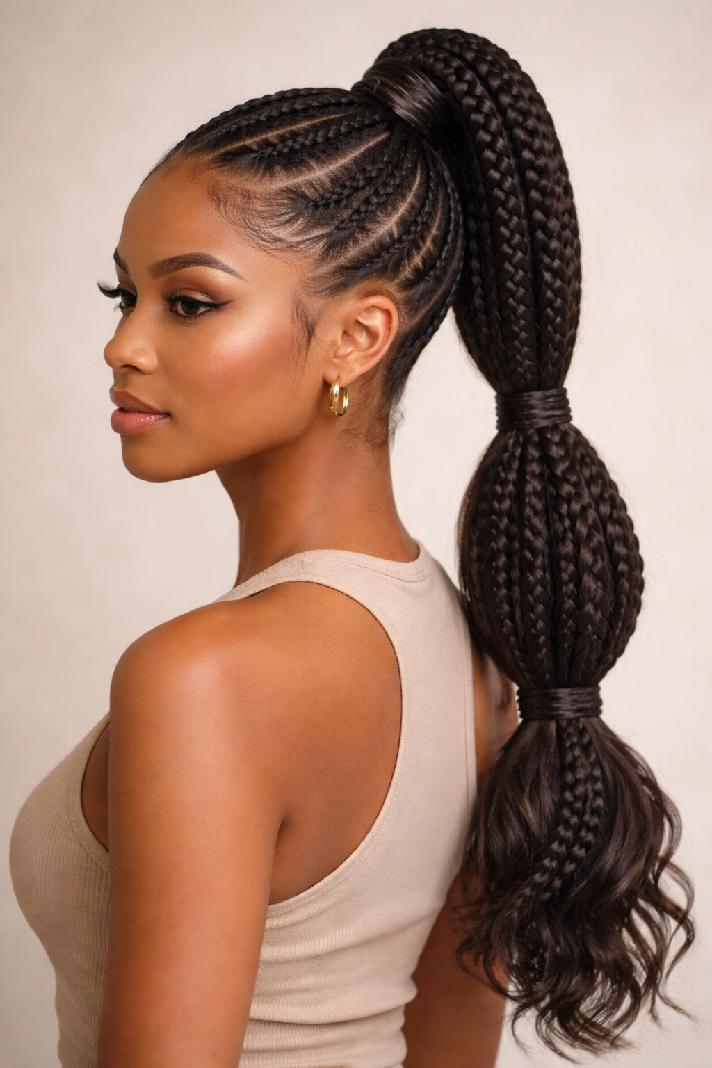 Two stacked ponytails fed by feed-in braids