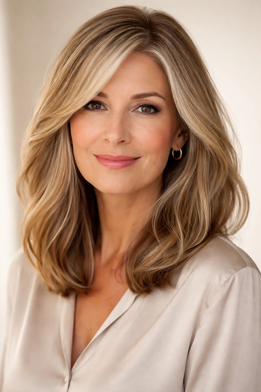 Close-up of a woman with elongated lob hairstyle featuring subtle waves