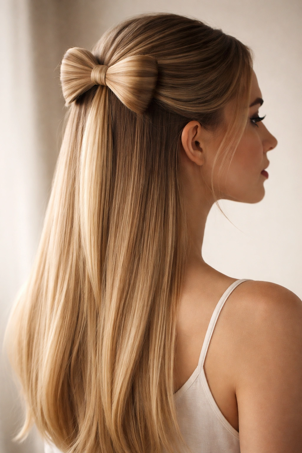 Half-Up Bow Style on straight hair showing a defined hair bow silhouette
