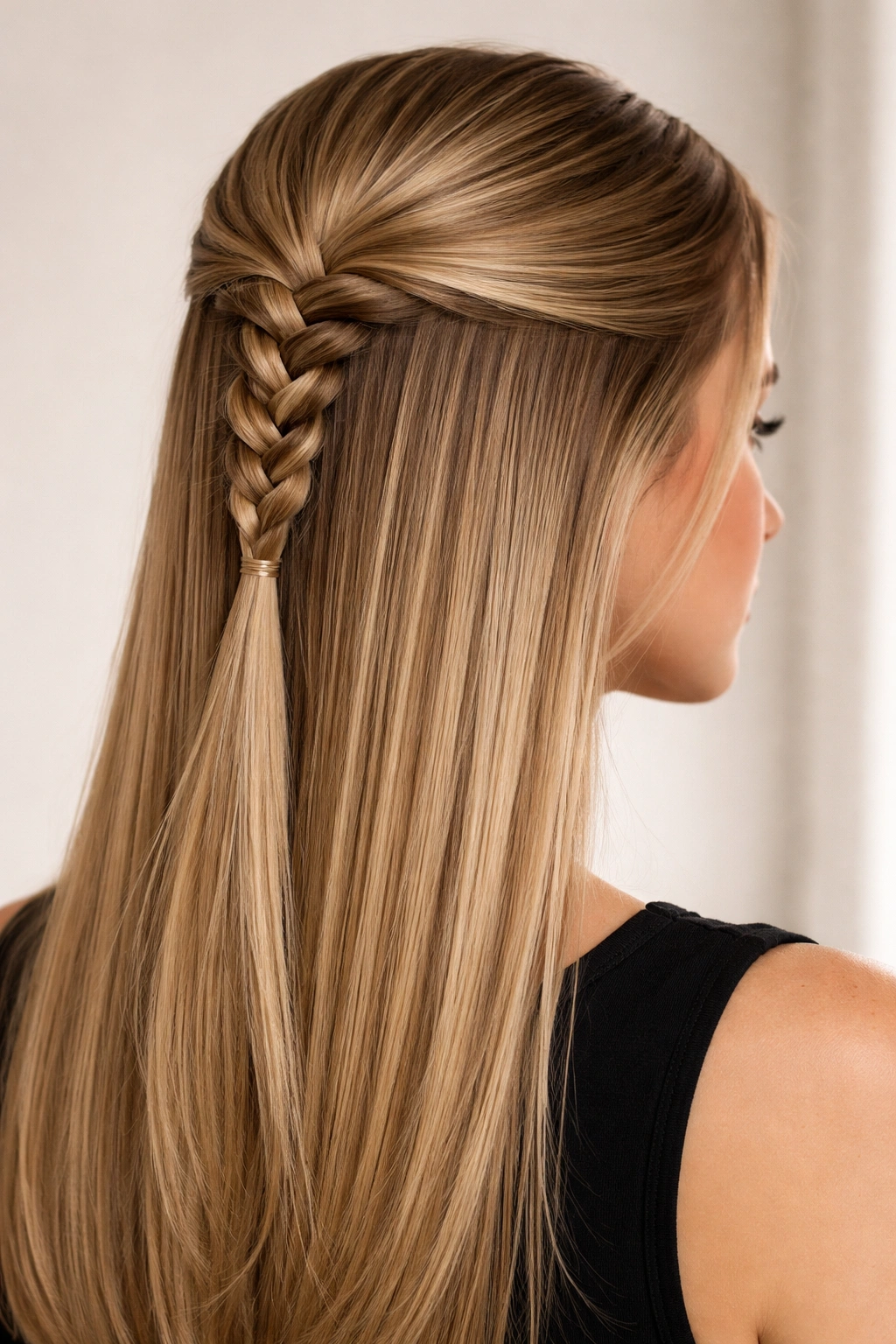 Half-Up French Braid on straight hair with braid stopping at ear level