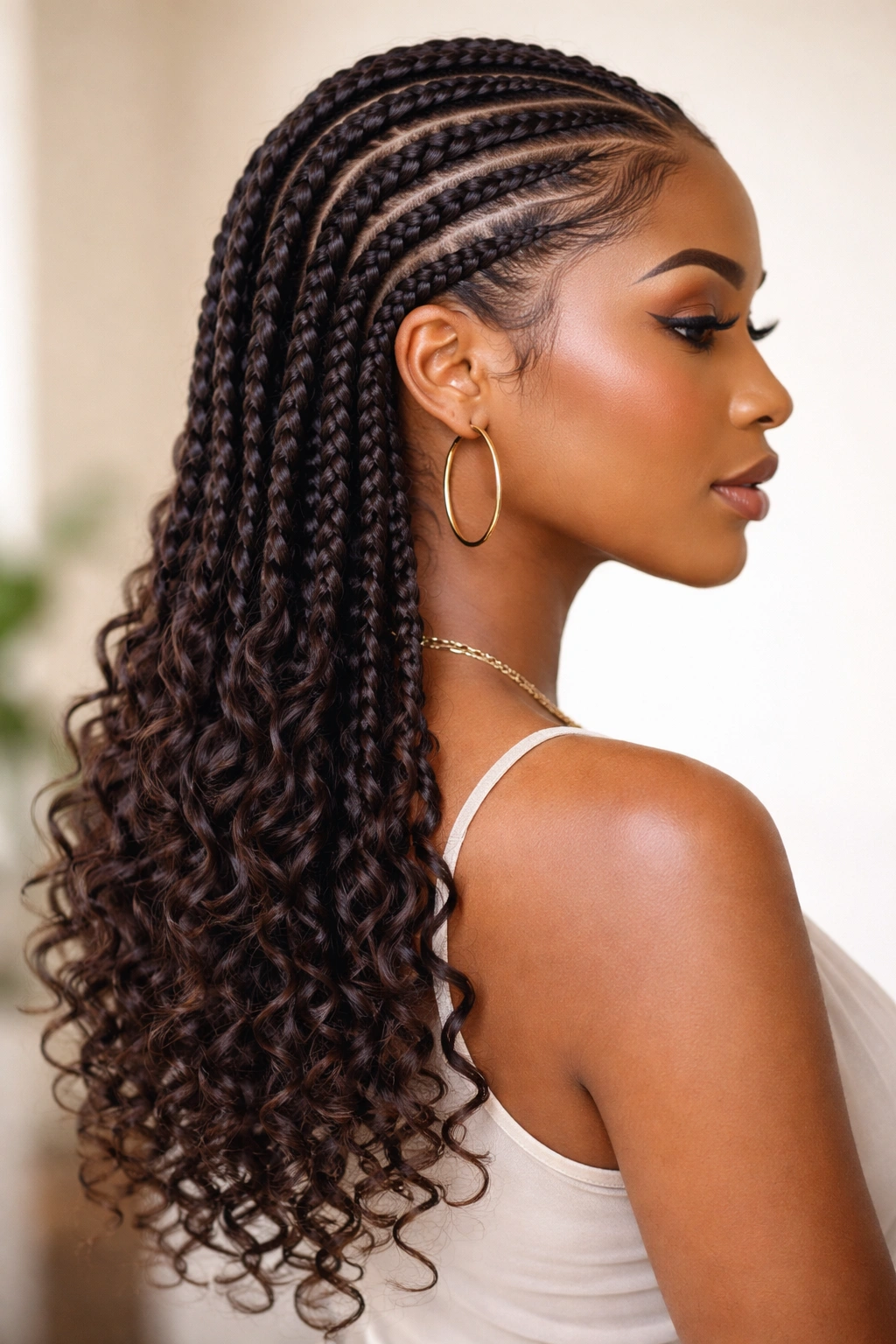Close-up of knotless cornrows ending in soft curls at the ends