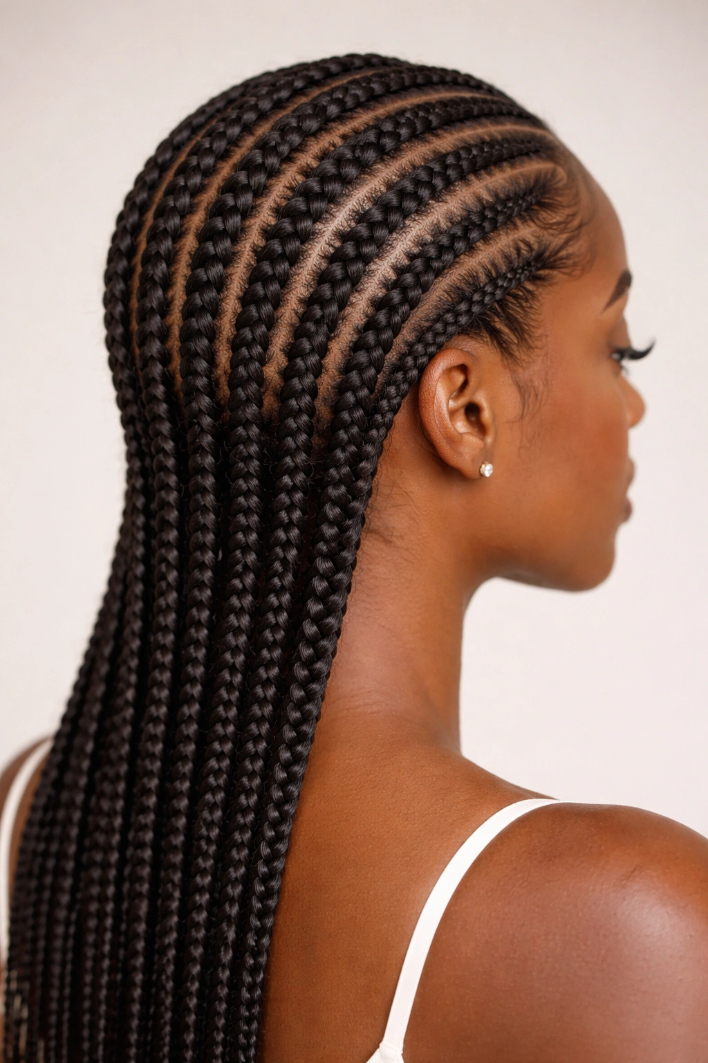Close-up of knotless straight back cornrows with seamless roots