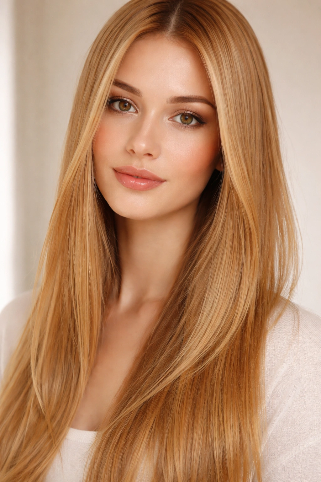 Straight hair in light copper blonde with subtle shimmer and sun-kissed glow.