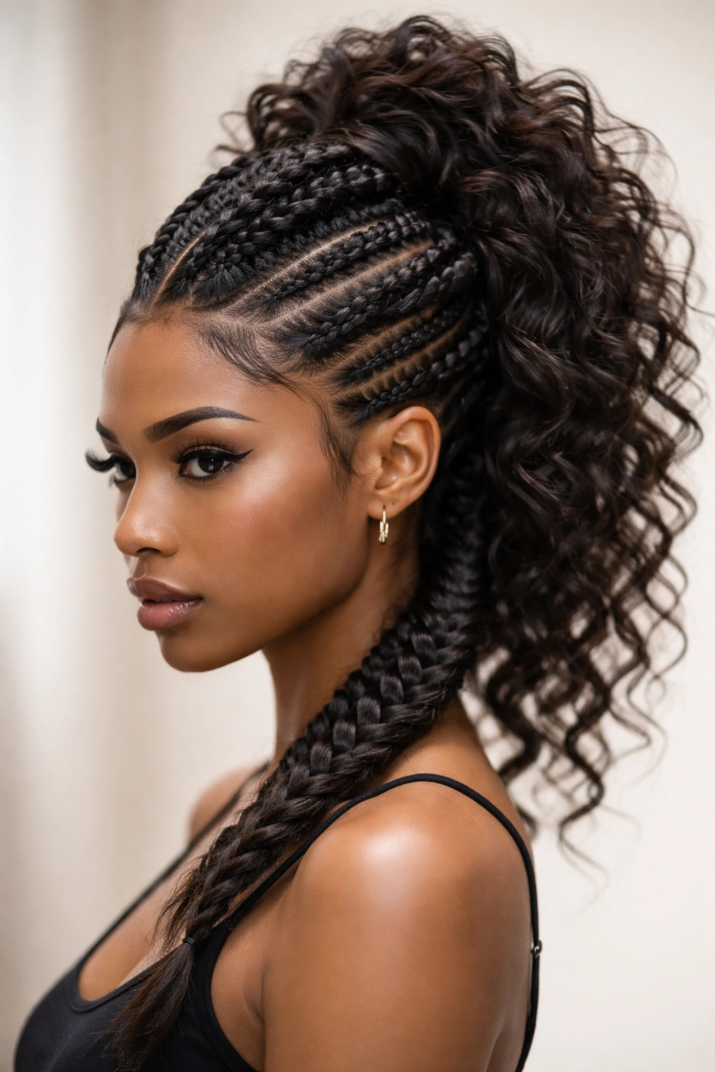 Shoulder-length hair styled into a mixed-texture braided mohawk, center focus.