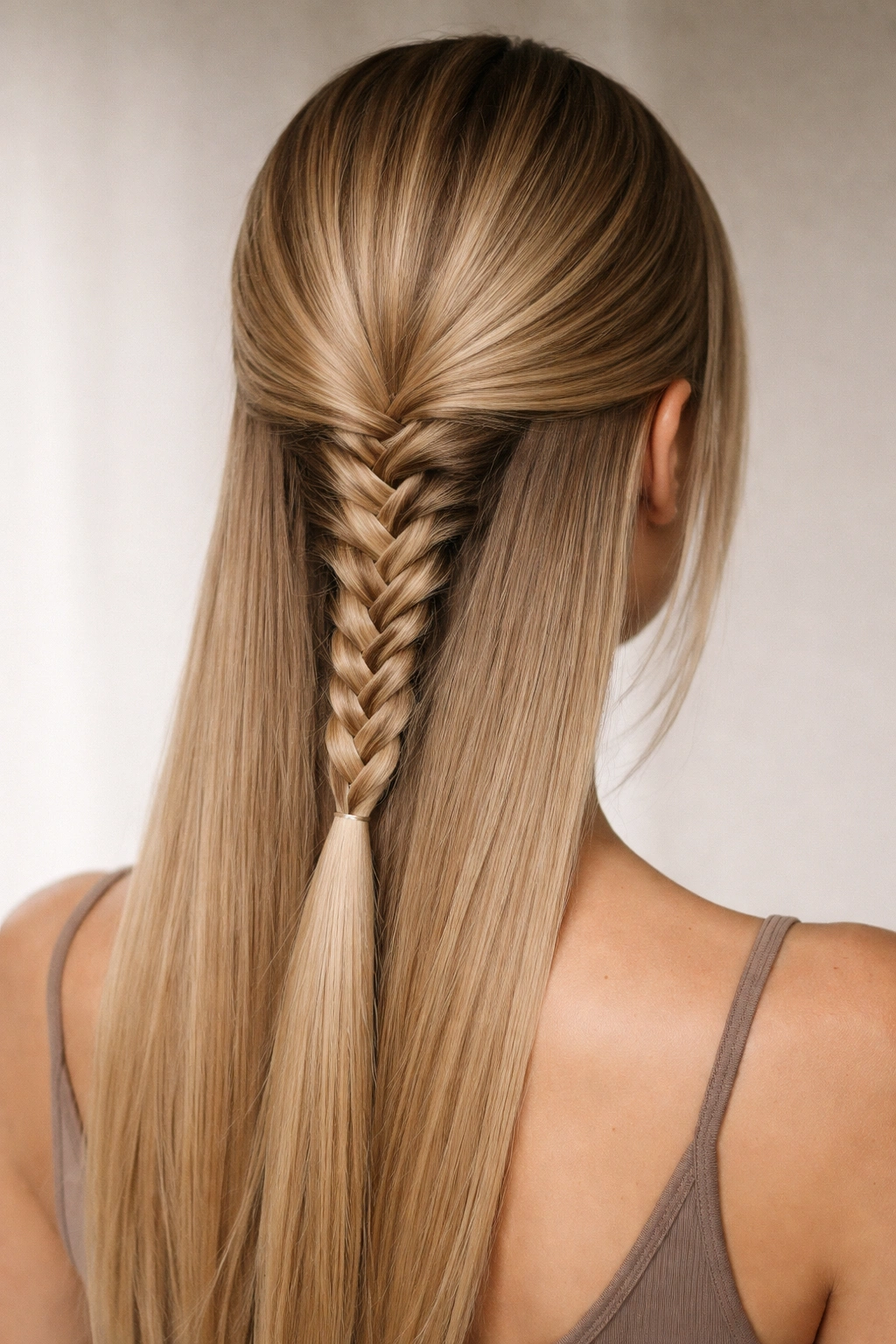 Back view of a reverse braid at the nape with a straight hair tail