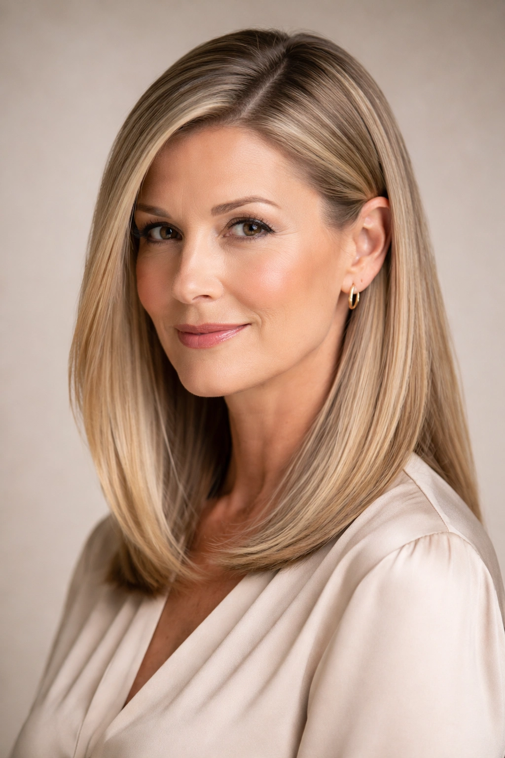 Portrait of a woman with a sharp side part and sleek straight hair