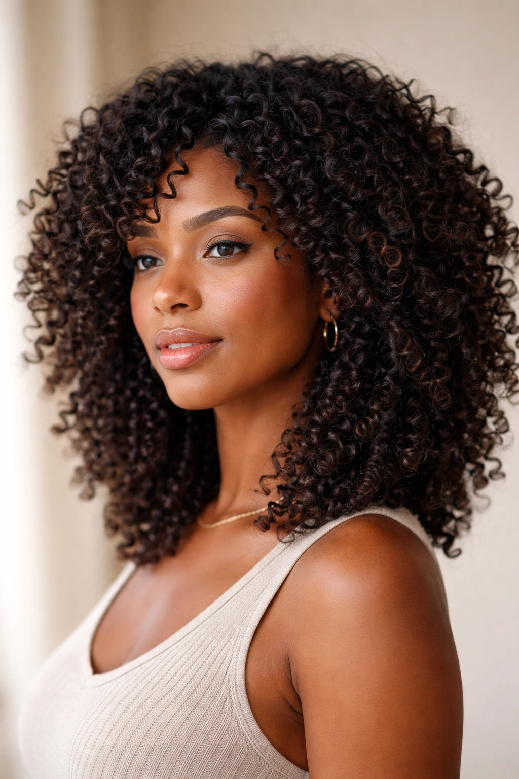 Shoulder-length coily hair with feathered layers
