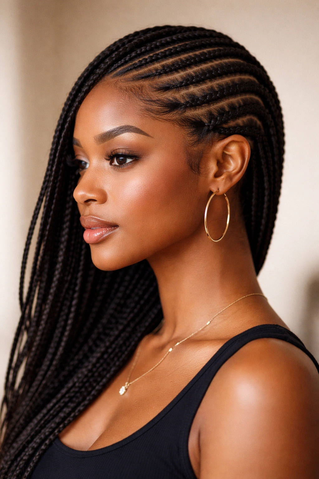 Profile view of side-swept cornrows running diagonally