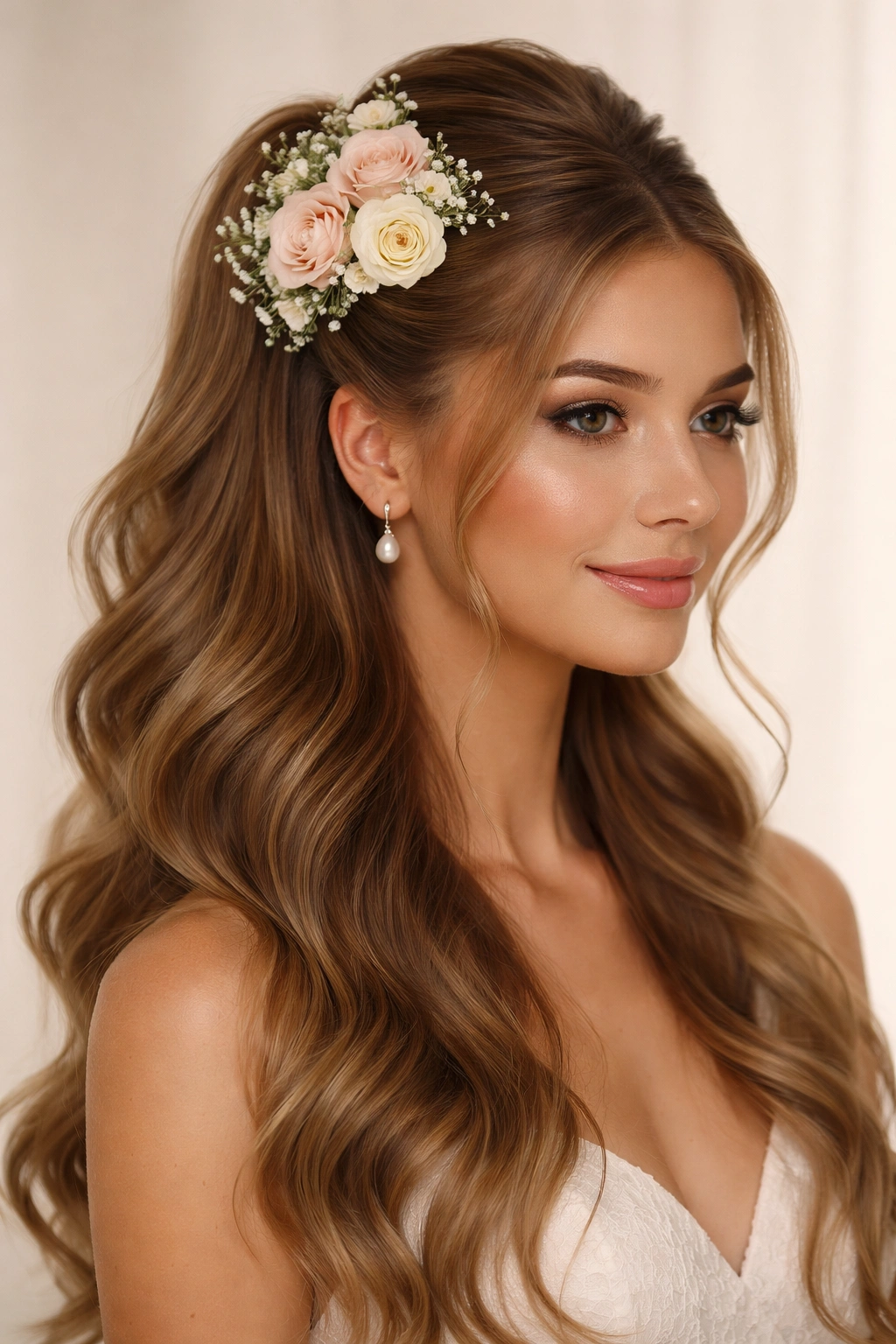 Sleek half-up hairstyle with a bold floral cluster at the crown.