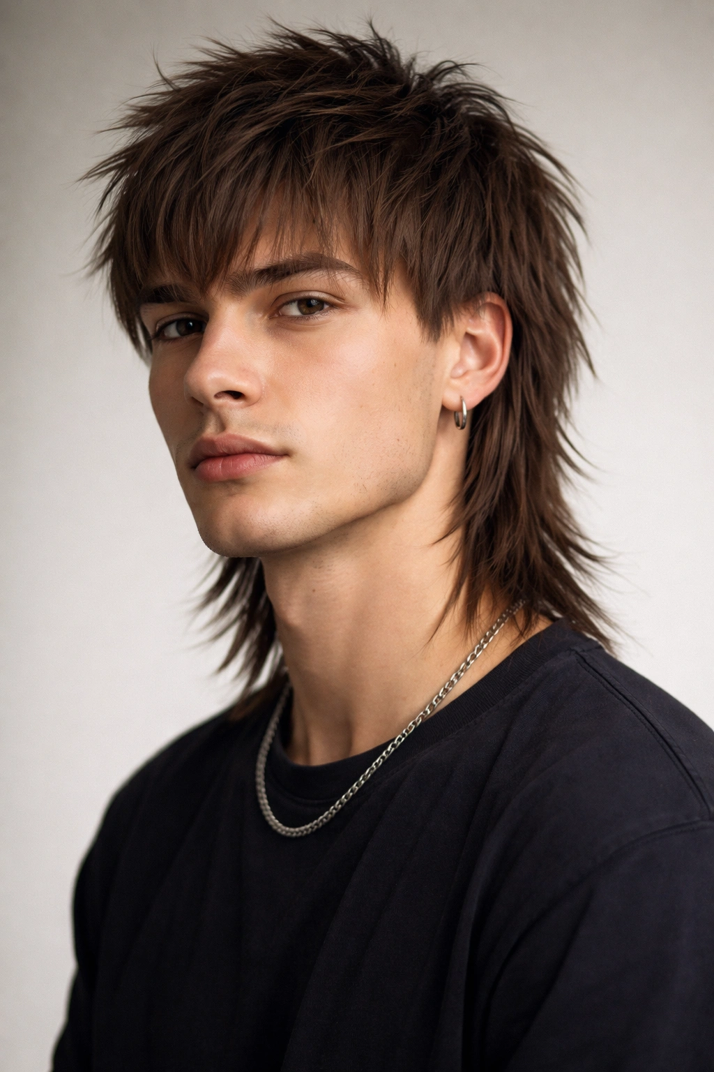 Close-up portrait of a straight-hair model showcasing a textured shag mullet with choppy layers and a longer back