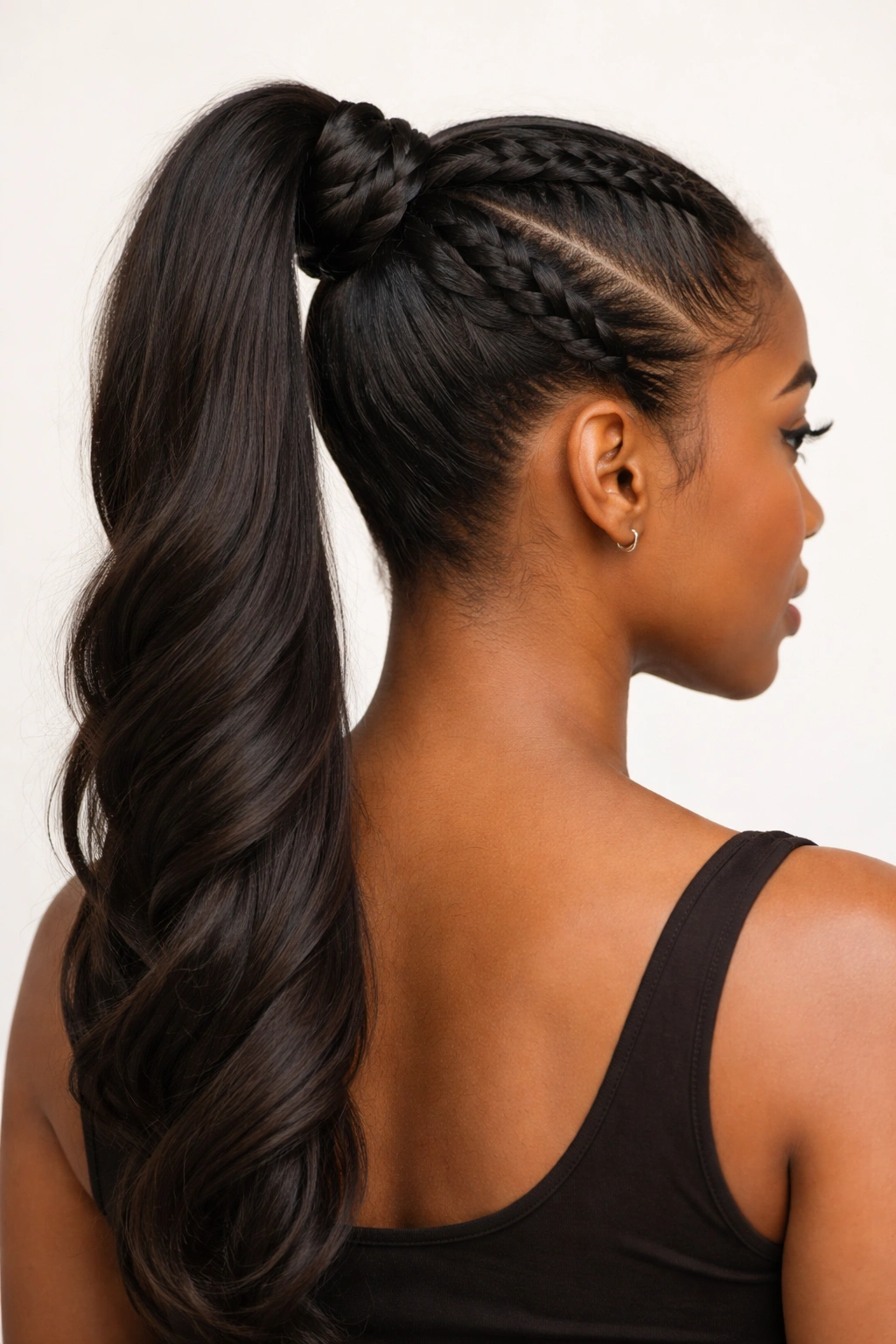 Thick thick feed-in braid wrapped around ponytail base