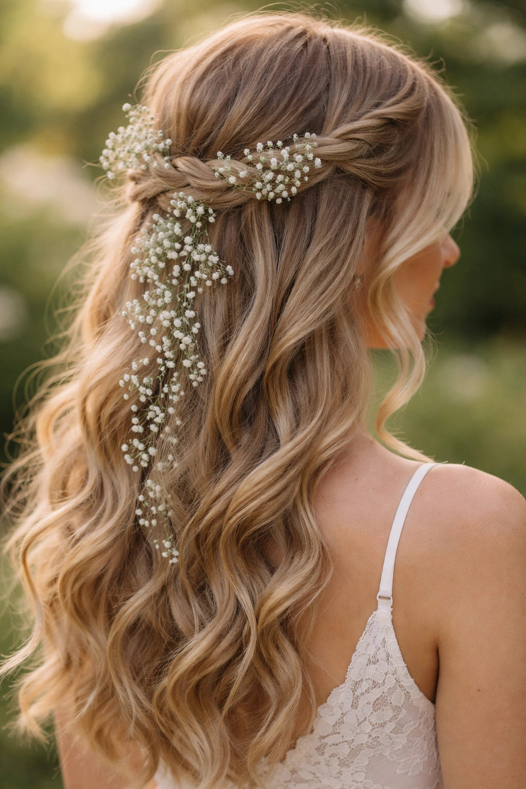 Close-up of a bridesmaid wearing a twisted crown with cascading baby's breath and loose waves.