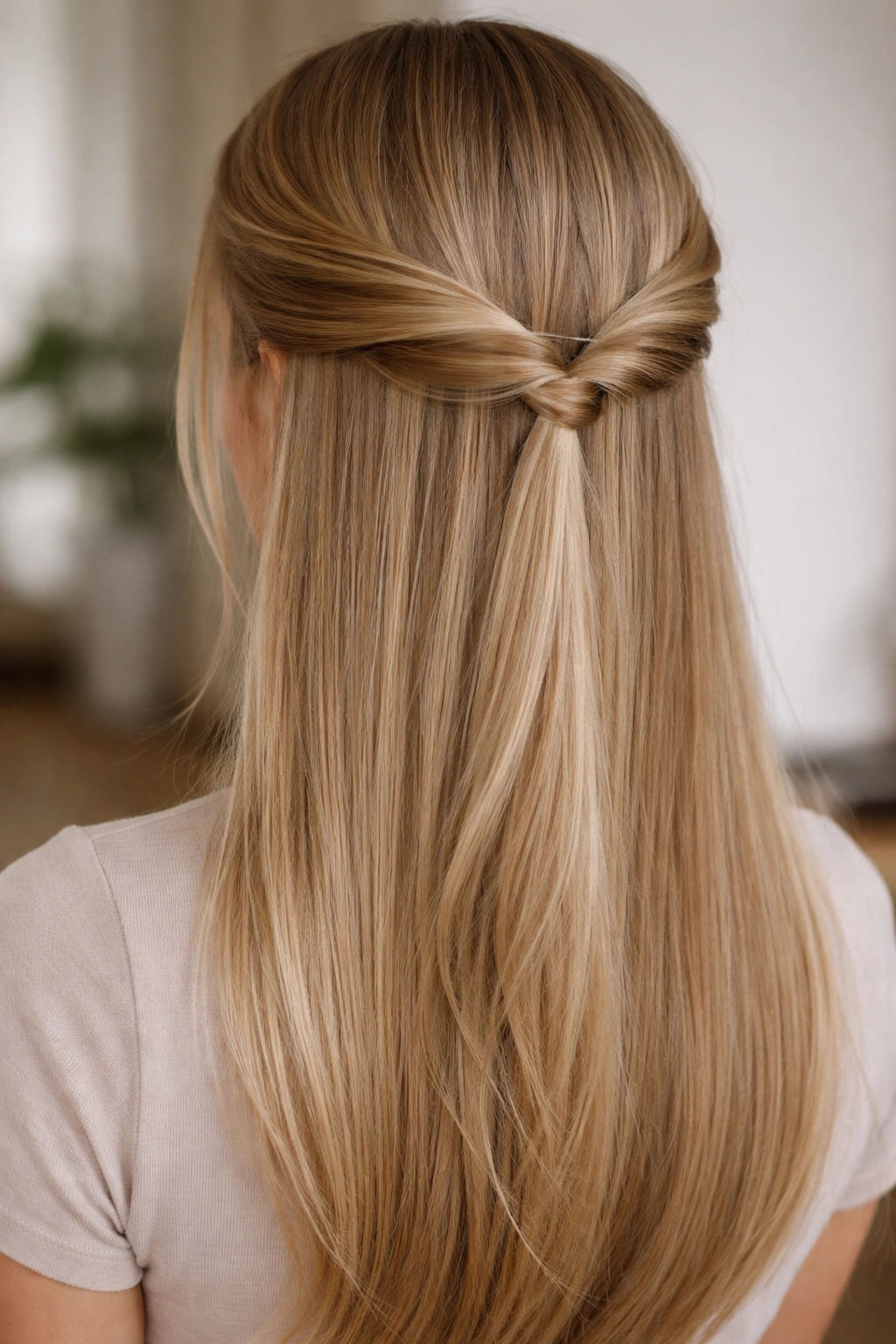 Twisted Half-Up Style on straight hair showing crown twists pinned at back