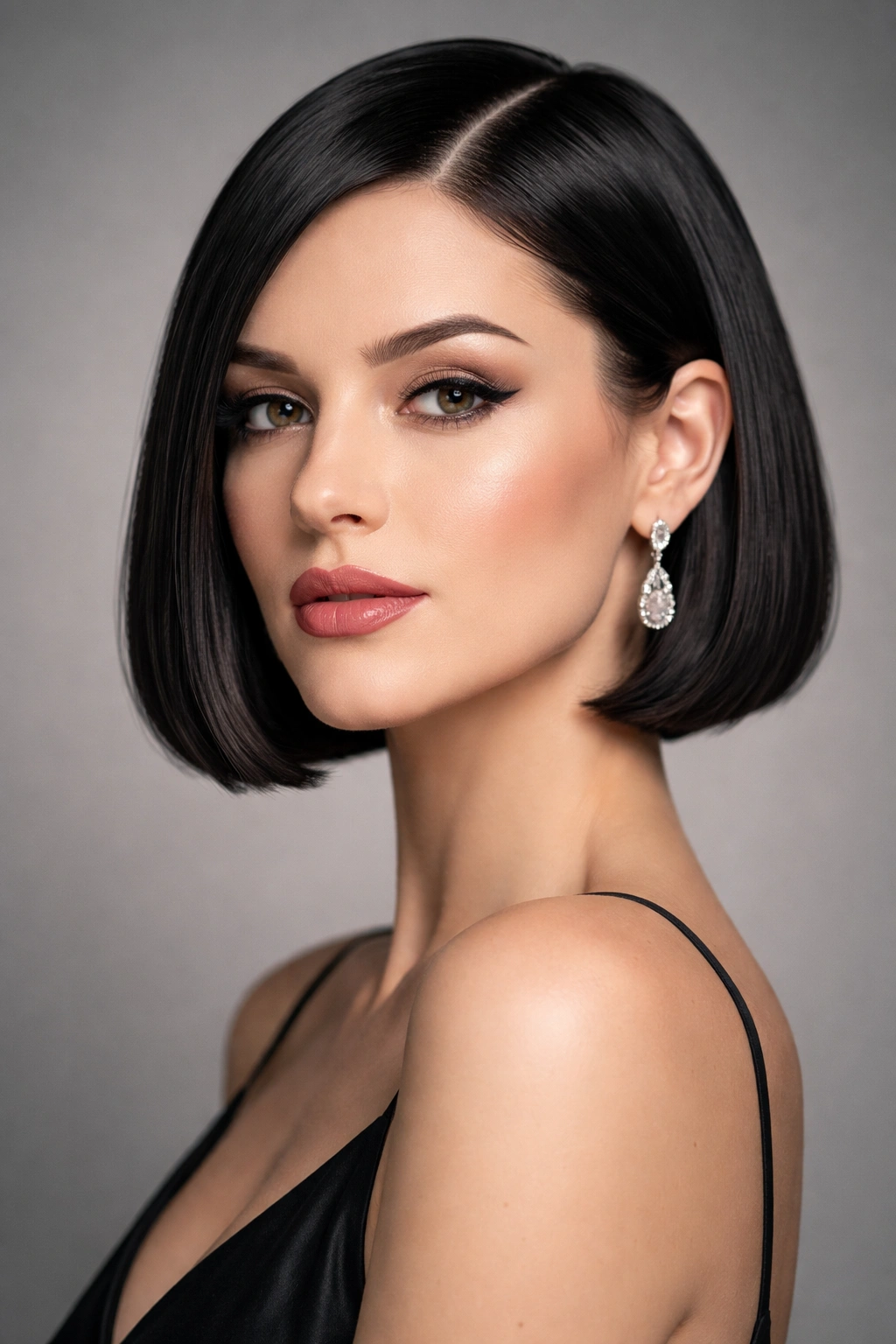 Close-up portrait of a person with a chin-length blunt bob, ultra-straight glossy hair.