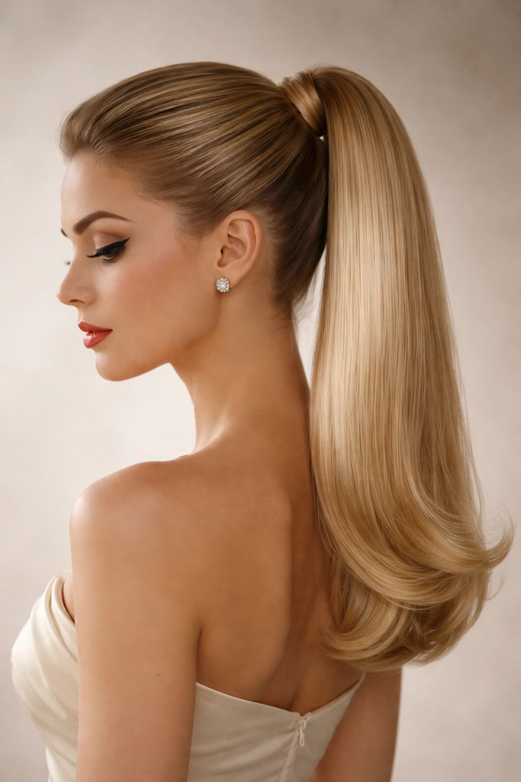 Side-profile of a high, sleek ponytail with glossy straight hair