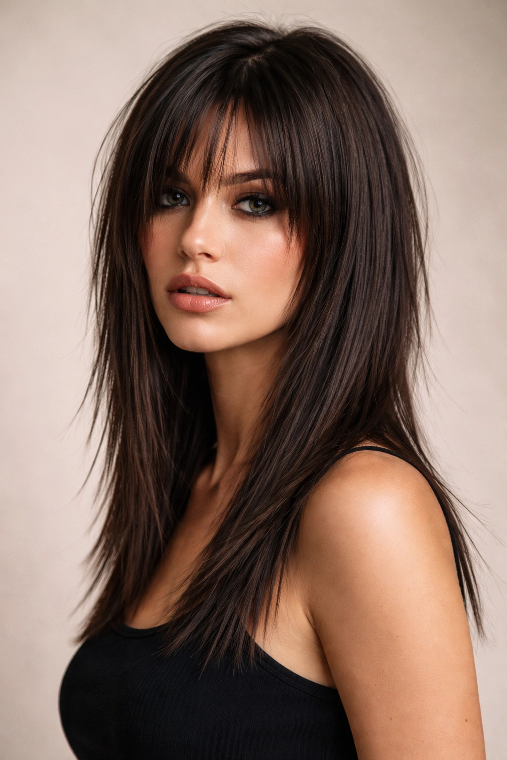 Straight hair with blunt, choppy layers and uneven lengths