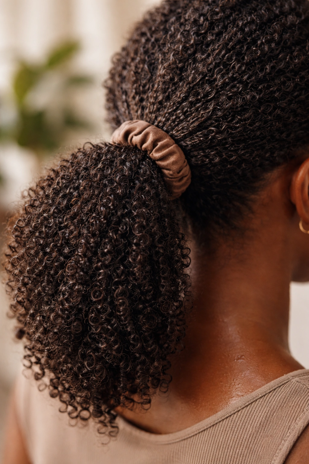 Close-up of a 4C hair ponytail with a cloth-covered tie and moisturized curls to show proper tension and protection