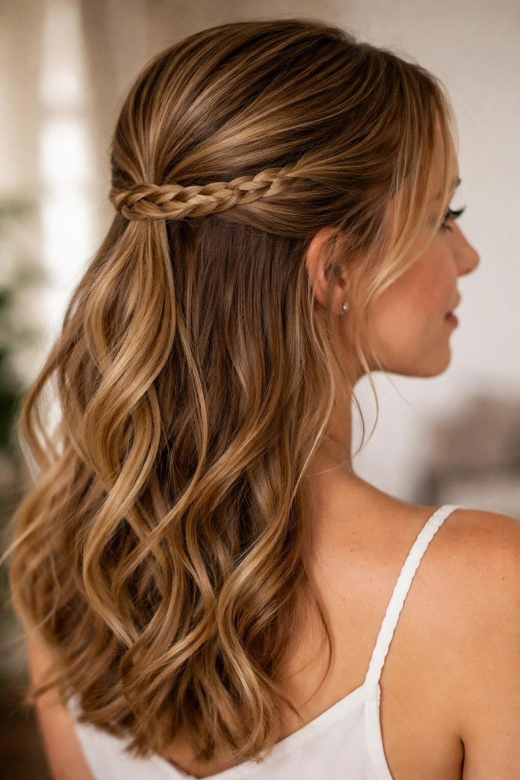 Half-up hairstyle featuring a small accent braid wrapped around the ponytail base