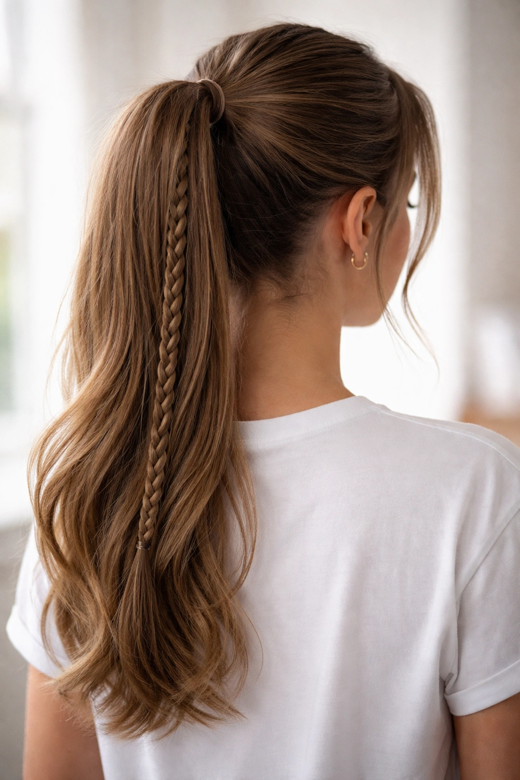 Ponytail with accent braid running along its length, viewed from the back