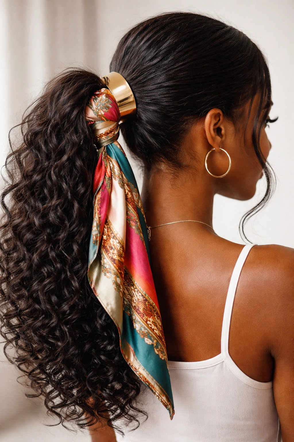 Side ponytail with metallic cuff and silk scarf accessories