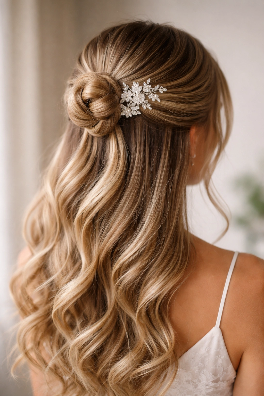 Half-up hairstyle with accessorized crown bun and decorative pin