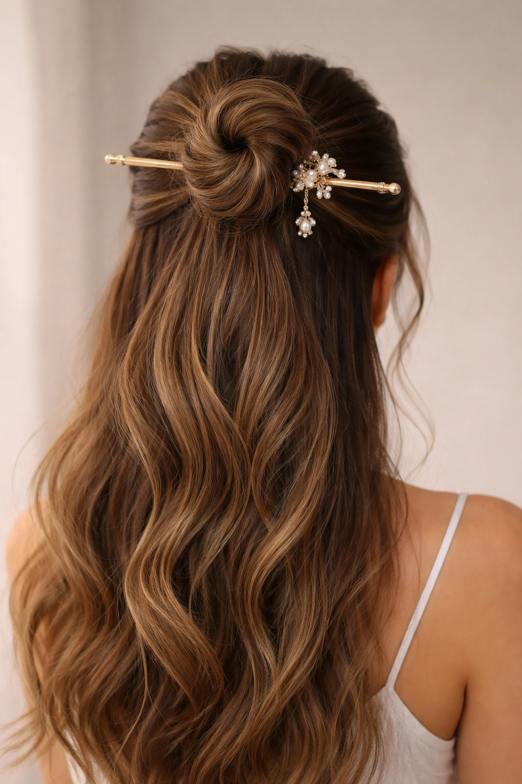 Close-up of half bun secured with a decorative hair stick against a neutral backdrop