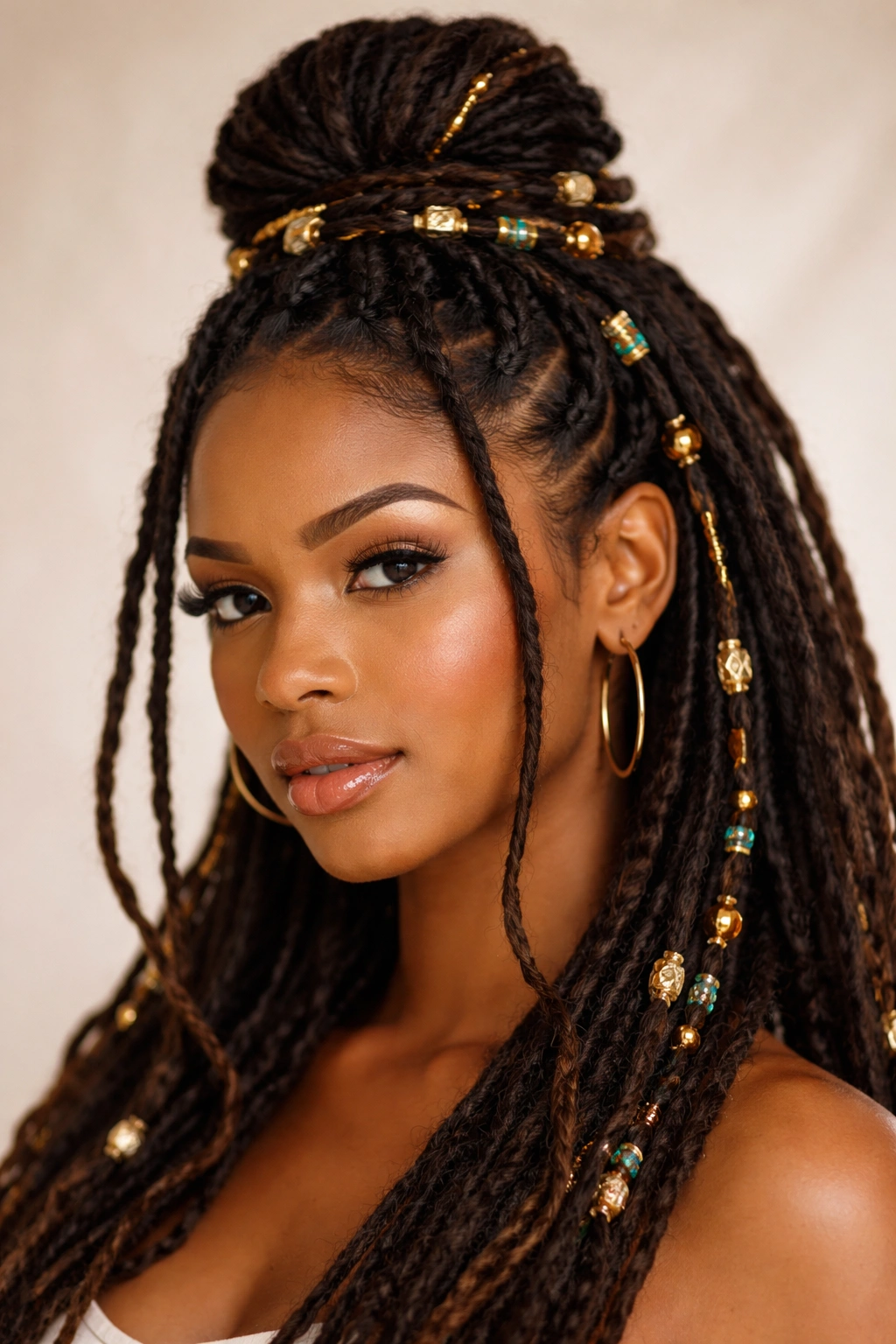 Close-up of The Accessorized Half-Up Bun featuring locs with gold cuffs and beads