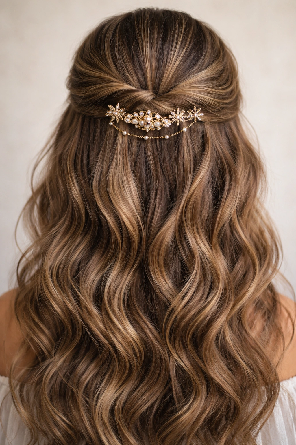 Wavy hair in a half-up style with visible decorative pins across the gathered section