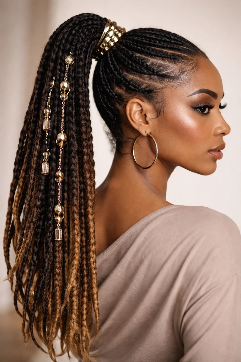 High weave ponytail with decorative cuffs and beads along its length