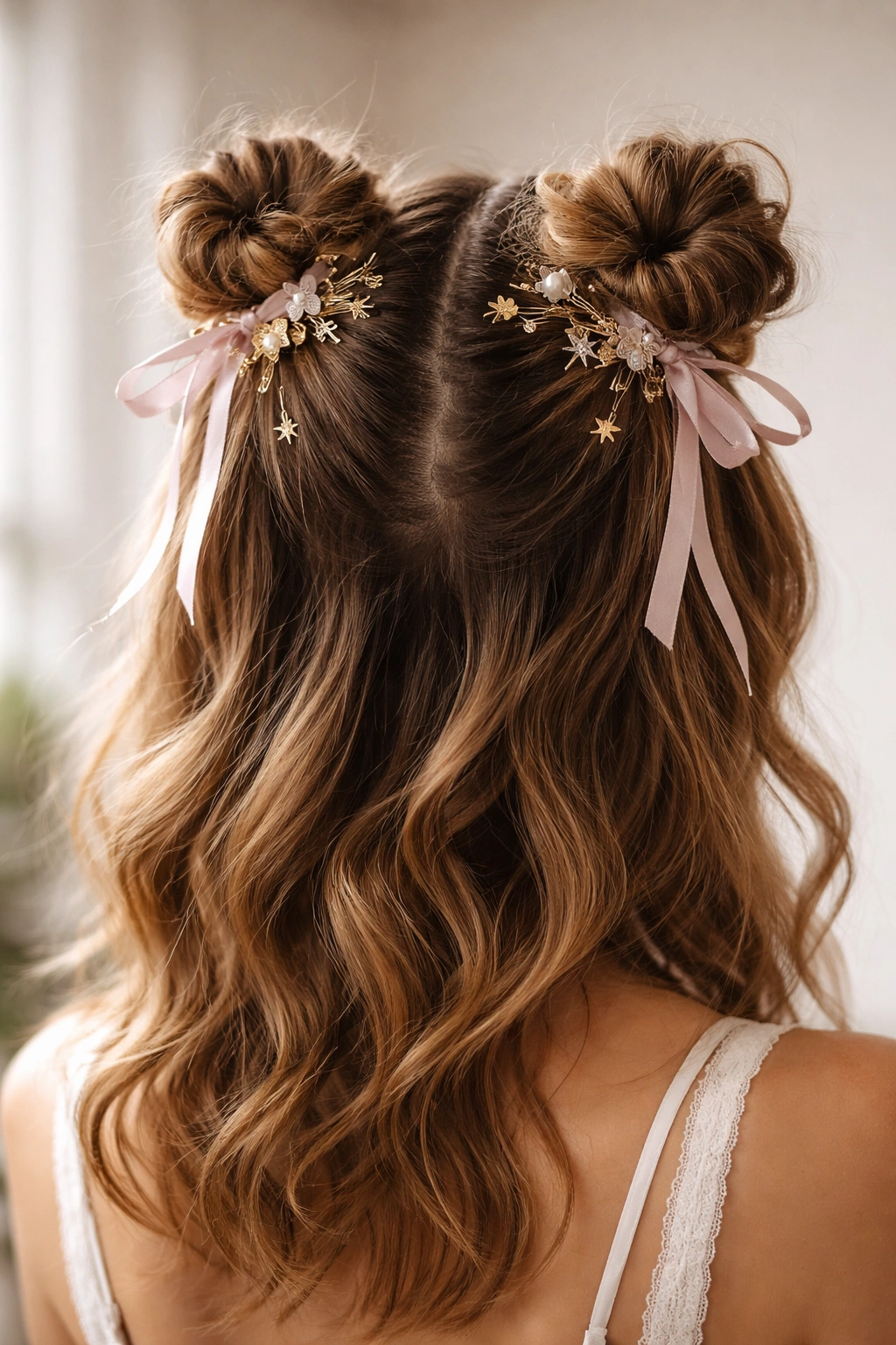 Accessory adorned space buns with clips pins and ribbons