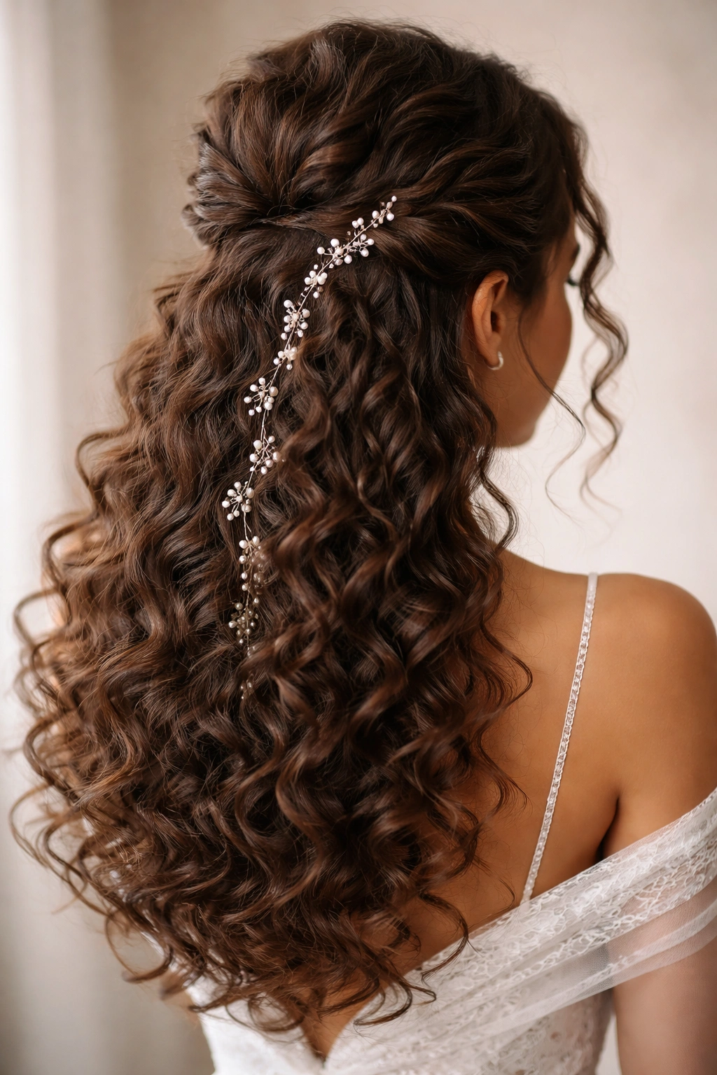 Curly half-up hairstyle with cascading decorative accessories along the seam