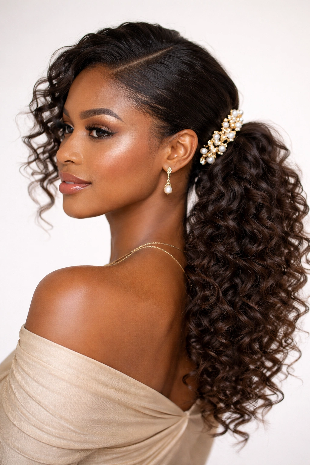 Side ponytail with decorative hair accessory integrated at the base
