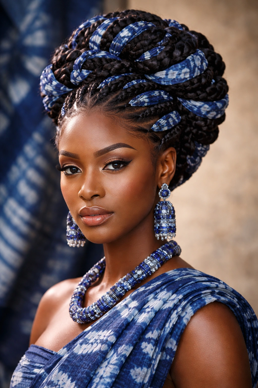 Adire fabric woven into hair creating bold indigo patterns