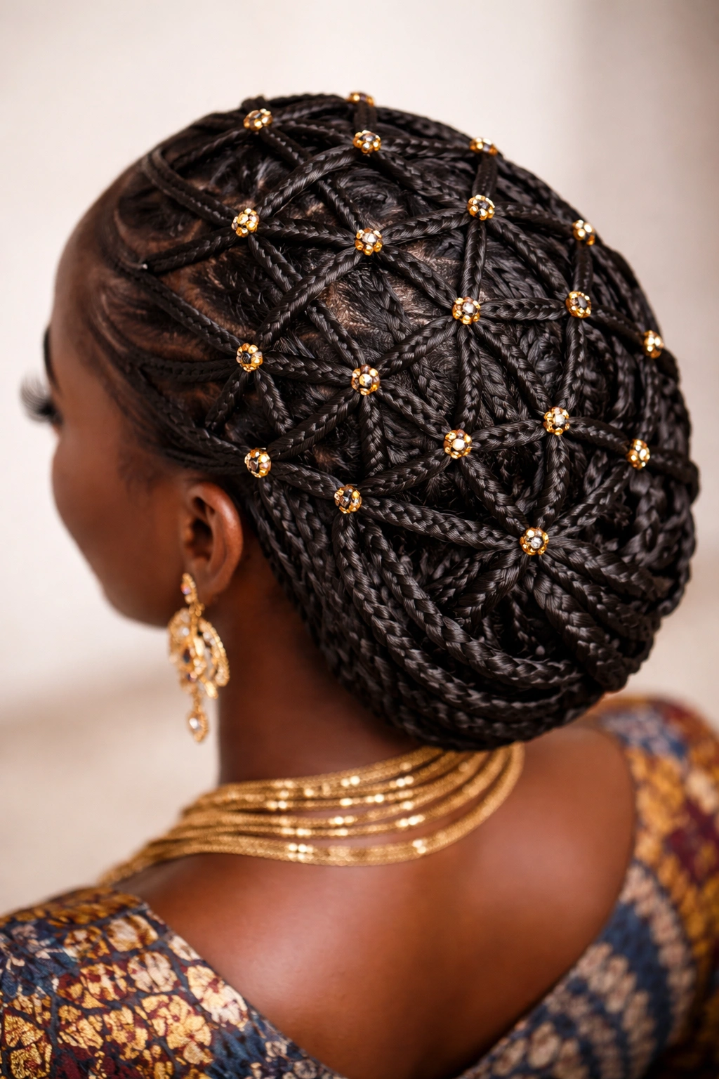 Adire interlocking braid lattice with beads on scalp