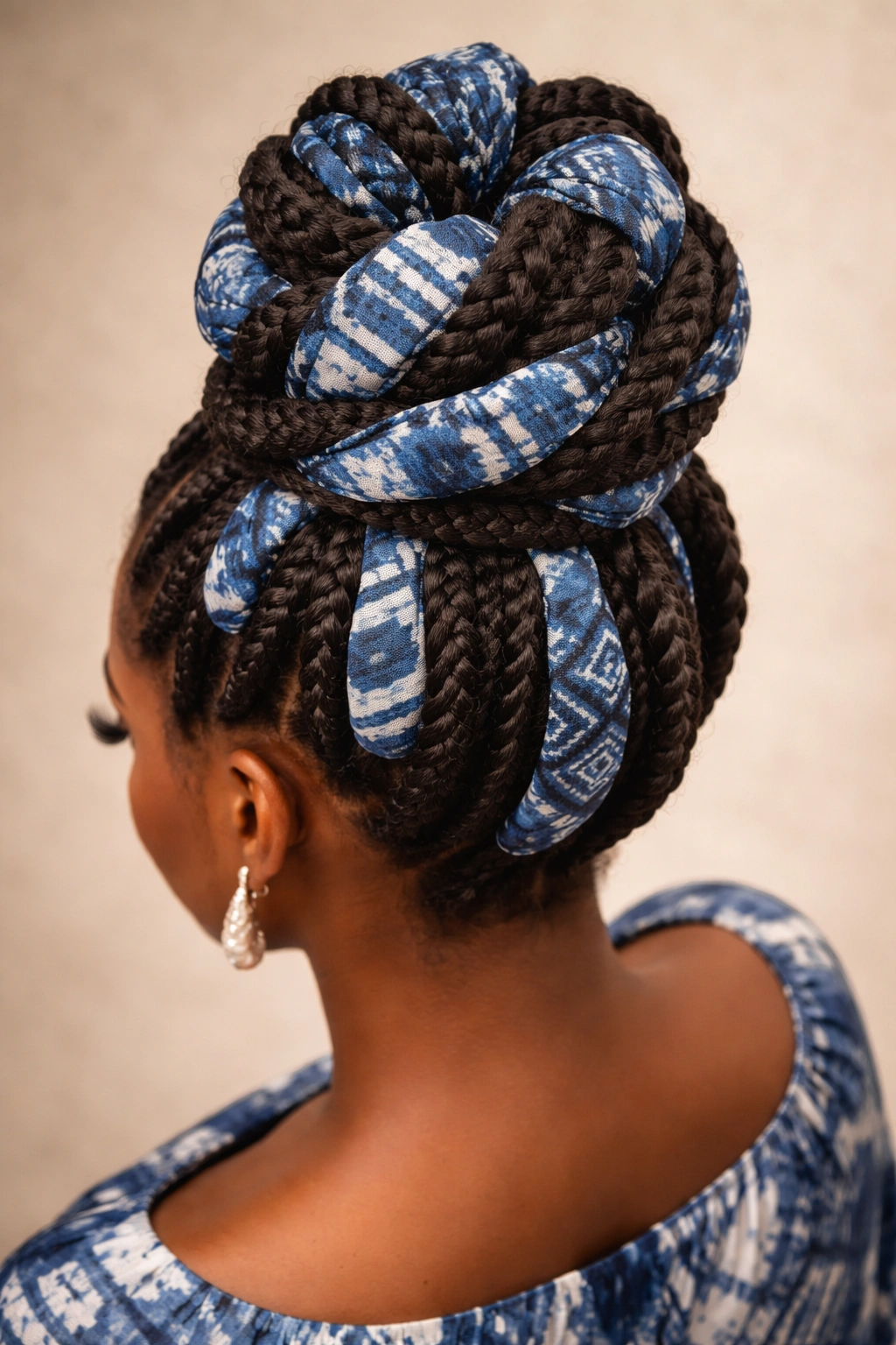 Adire-wrapped braided updo with geometric wrapping patterns