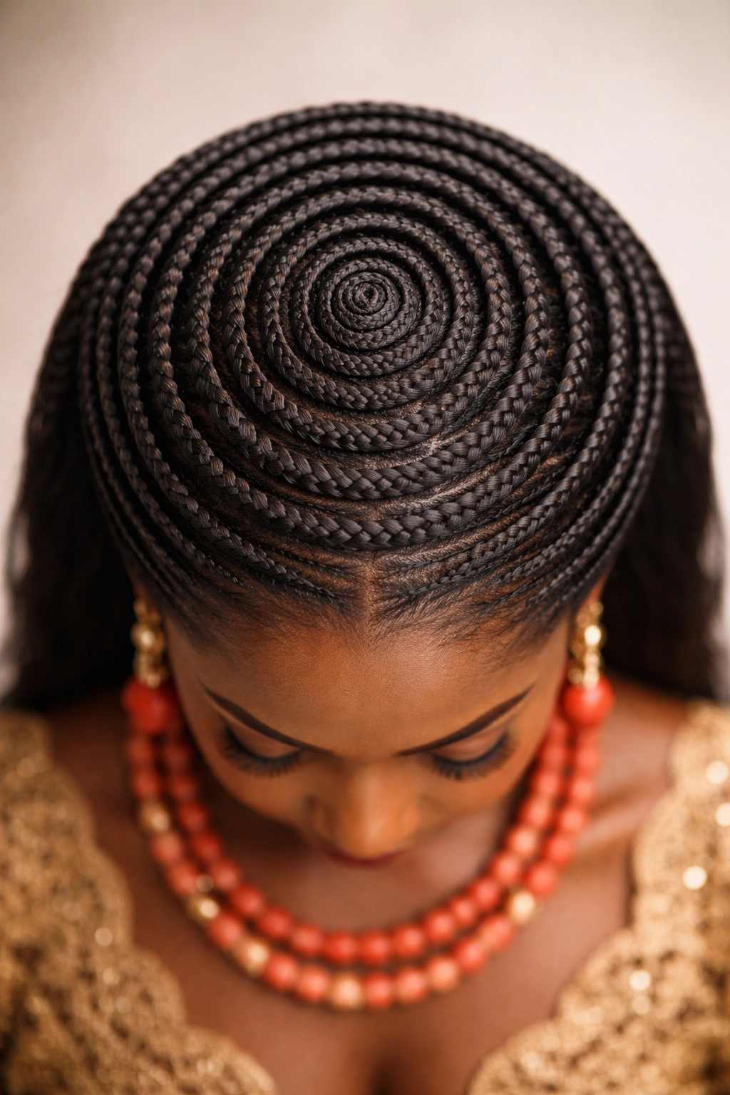Concentric circle braids arranged around the crown