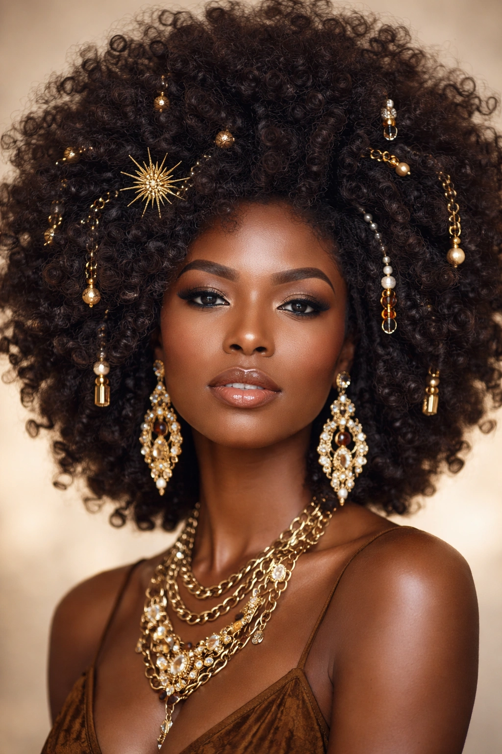 Close-up of a large natural afro adorned with metallic cuffs and beads