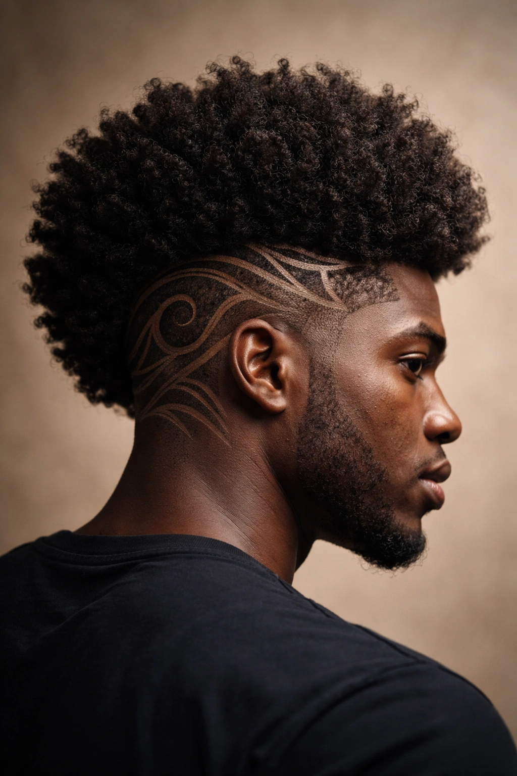 Close-up of a sculpted afro with geometric carved designs on the sides, emphasizing natural texture.